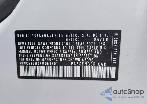 2019 Volkswagen Jetta 1.4T R-Line/1.4T S/1.4T Se z USA, uszkodzony, nr VIN 3VWC57BUXKM054801